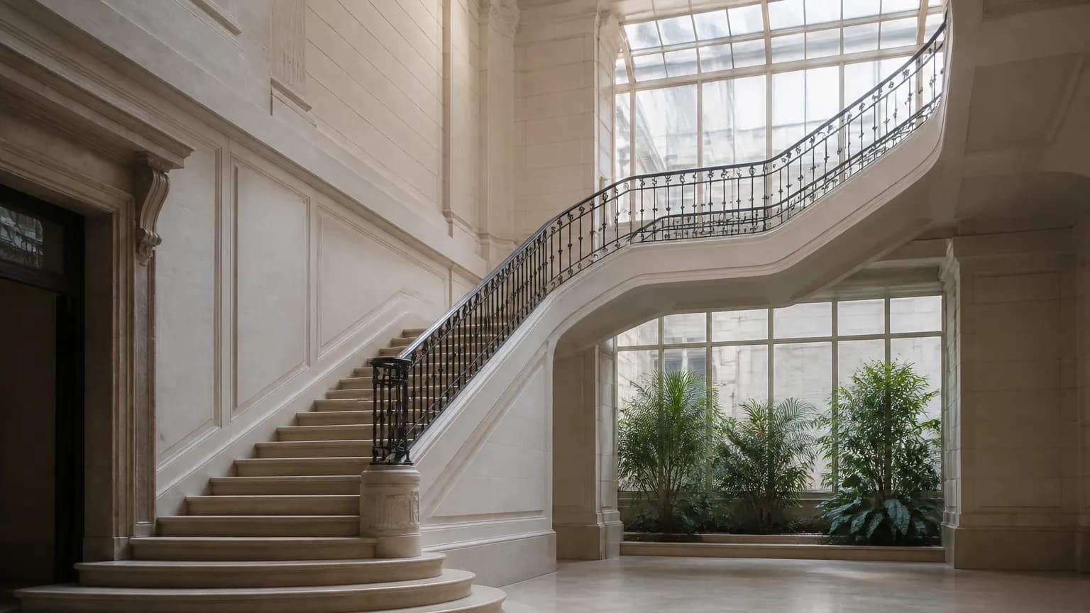 Le hall clair d'un immeuble, escalier de pierre à rampe en fer forgé sous une verrière.