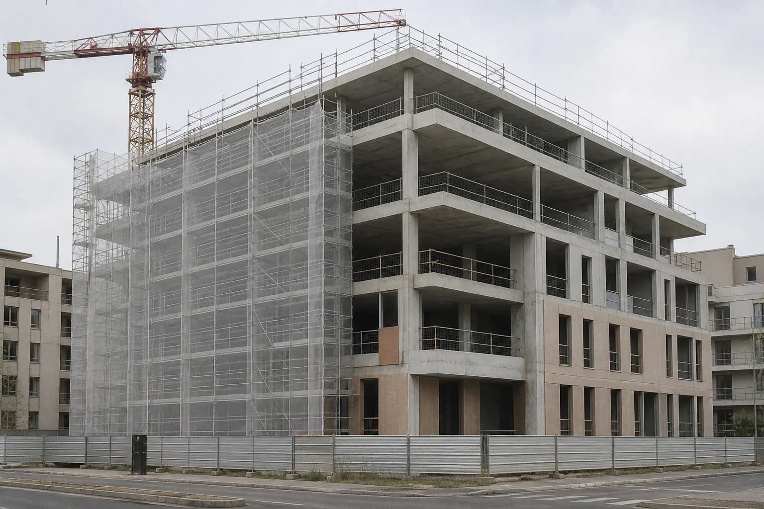 Un immeuble d'habitation en construction, échafaudage bâché et grue à l'arrière-plan.