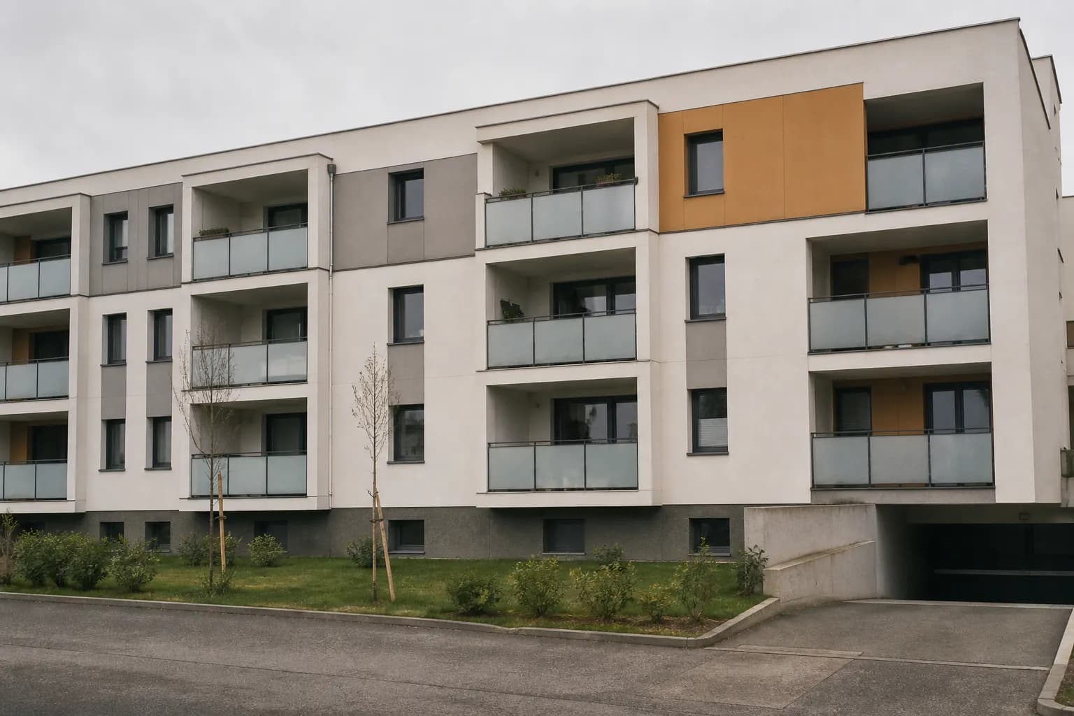 Un immeuble résidentiel français des années 2010, façade enduite claire, panneaux colorés et balcons vitrés.