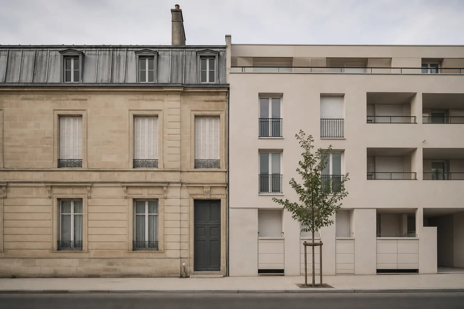 Un immeuble ancien en pierre de taille jouxtant une résidence neuve, dans une rue française.