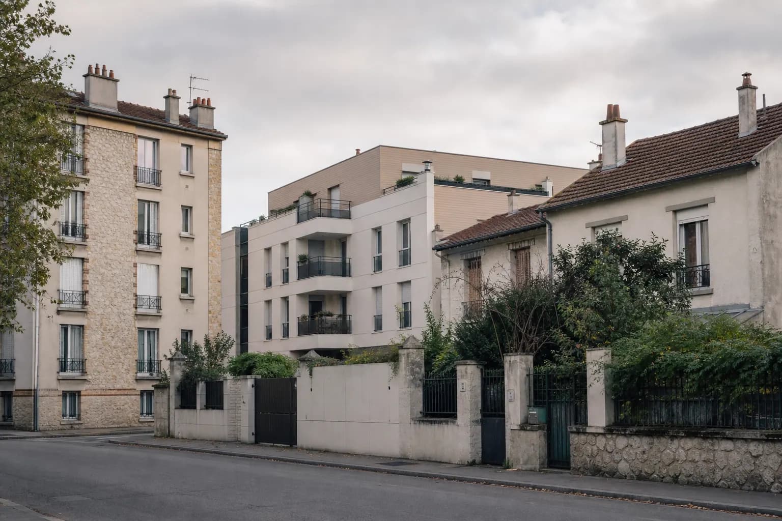 Une rue résidentielle française mêlant petit collectif ancien, résidence récente et maisons.