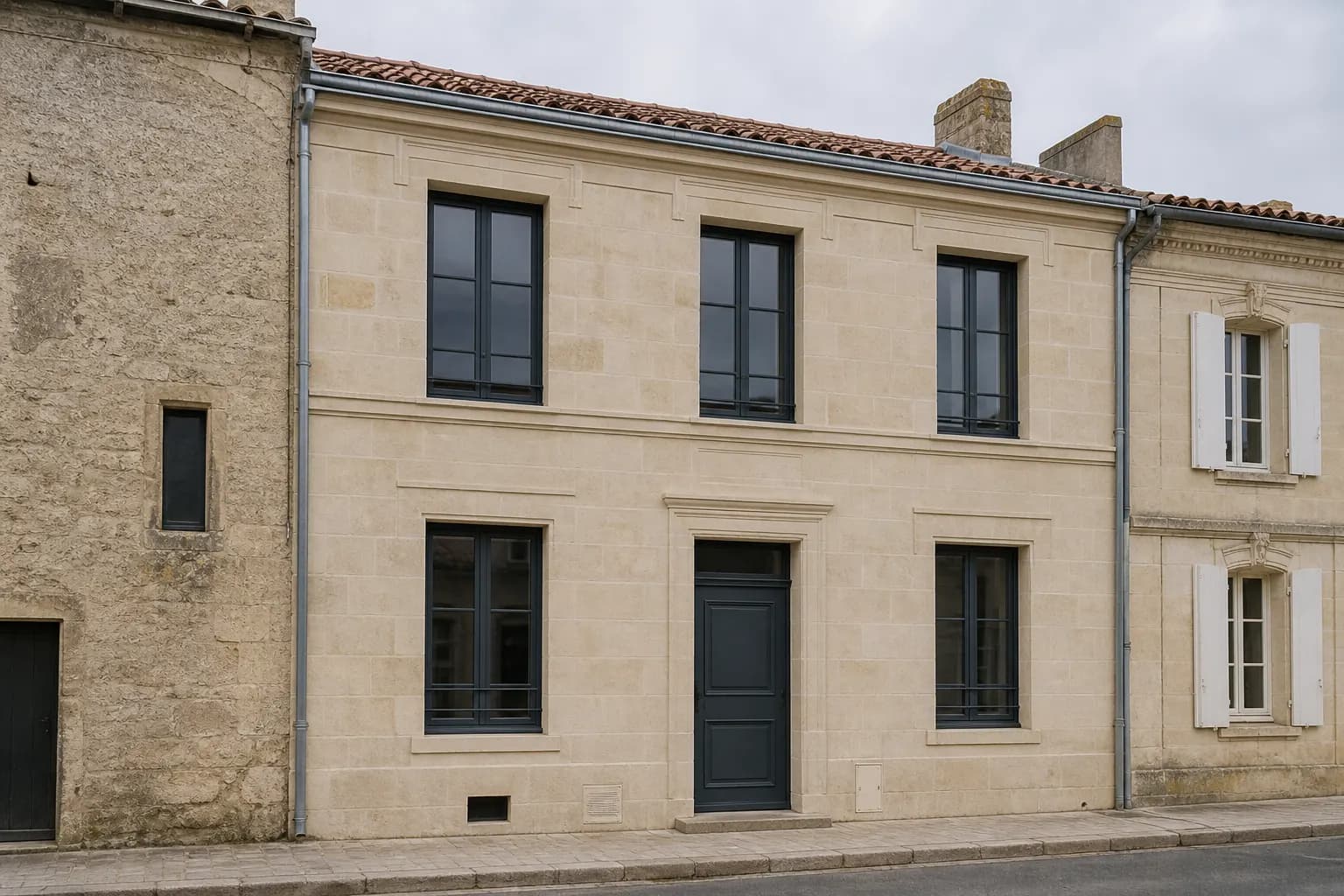 La façade d'une maison de ville en pierre fraîchement rénovée.
