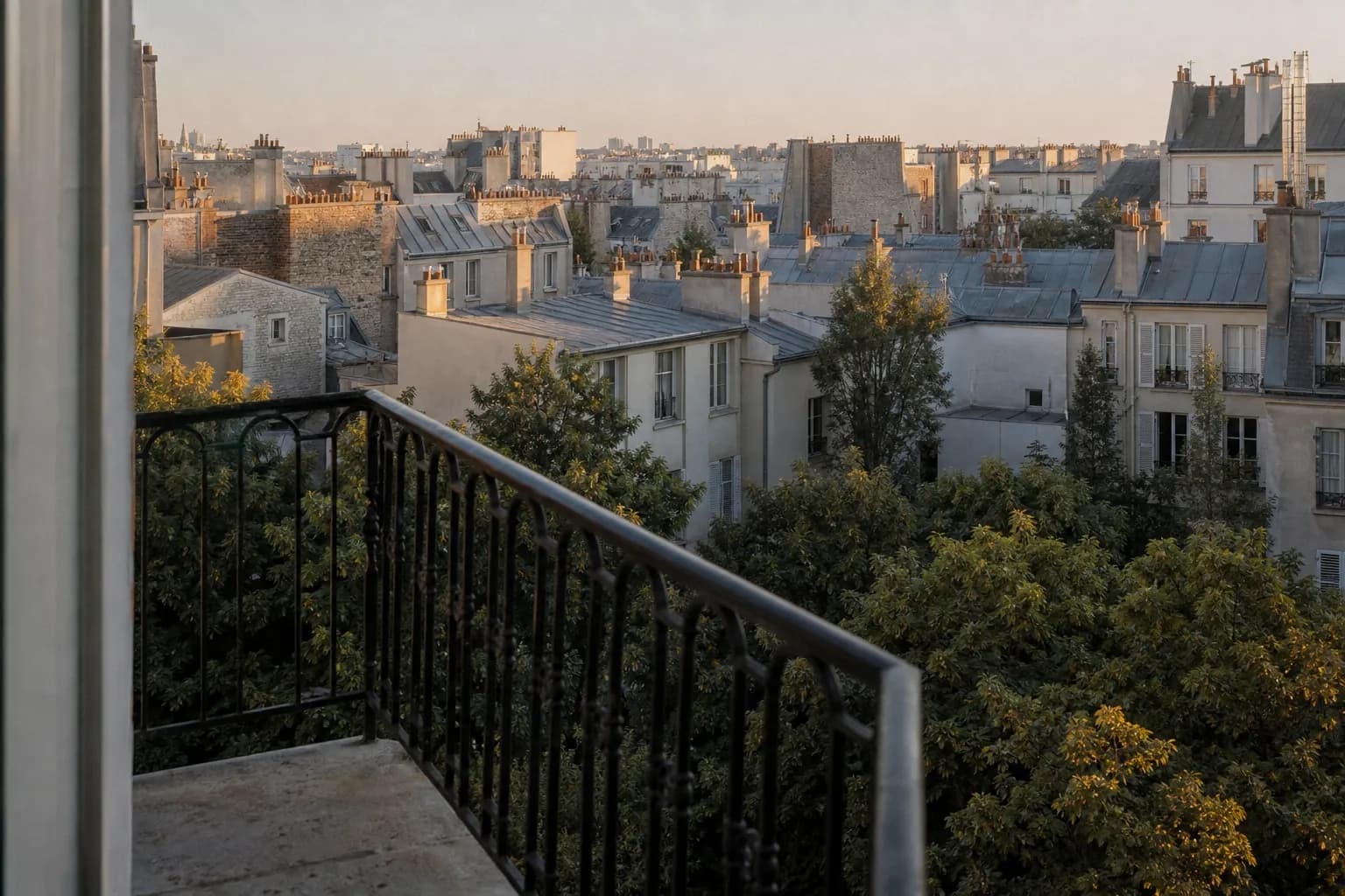Vue depuis un balcon français sur des toits de zinc et des cimes d'arbres, en fin d'après-midi.